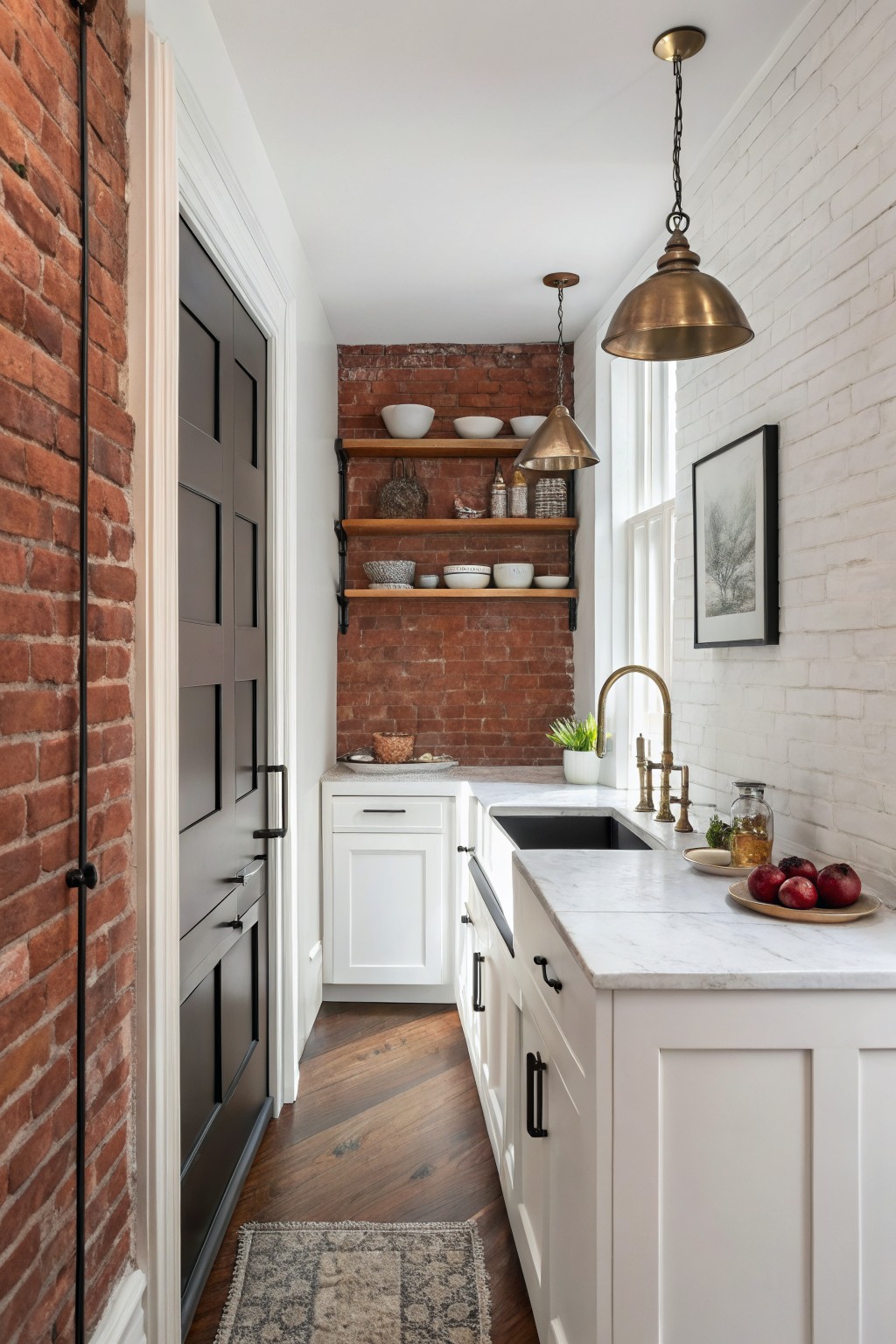 Narrow kitchen interior with exposed red brick wall on left, white shaker cabinets, white marble countertop, black farmhouse sink, brass faucet and pendant lights.