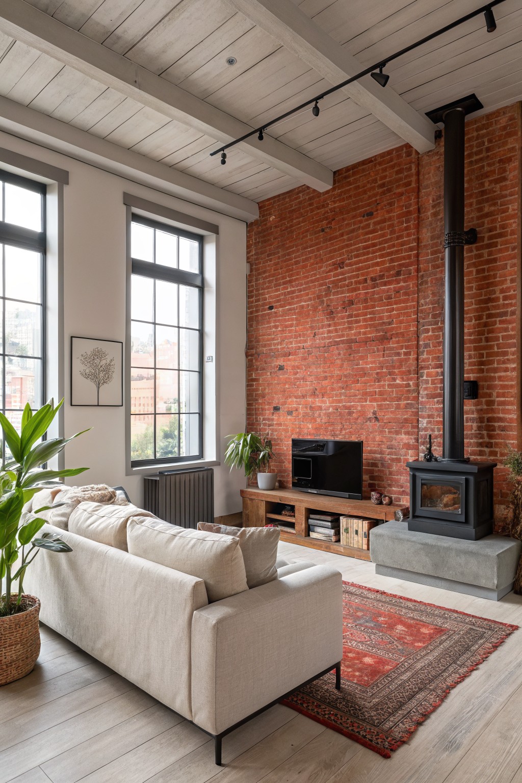 Modern loft living room with tall exposed red brick wall, black wood stove and chimney, beige sofa, wooden media unit, large industrial windows, potted plants, and light wood floors.