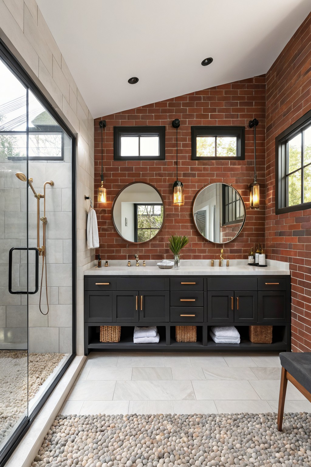 Contemporary bathroom with exposed red brick accent wall behind double dark vanity, two round mirrors lit by pendant lights, glass shower enclosure with gold fixtures, white tile floor, and pebble rug.