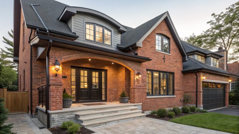 Two-story red brick house exterior with black-framed windows, dark trim on covered entry porch with columns, stone steps to double doors, potted plants, pathway, and lawn at dusk.