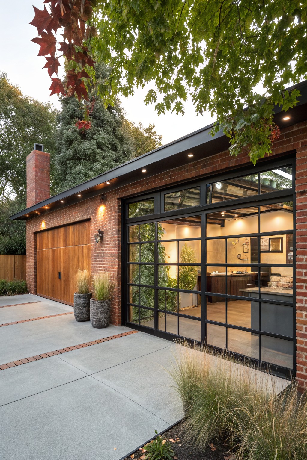 Red brick house exterior with wooden garage door, large black-framed glass walls enclosing a planted space with counters and greenery, tall grasses in pots, concrete driveway, and surrounding trees.
