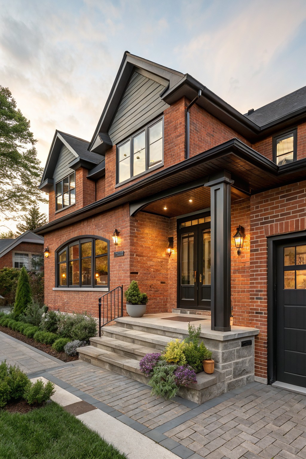 Two-story red brick house exterior with black-framed windows, dark trim on covered entry porch with columns, stone steps to double doors, potted plants, pathway, and lawn at dusk.
