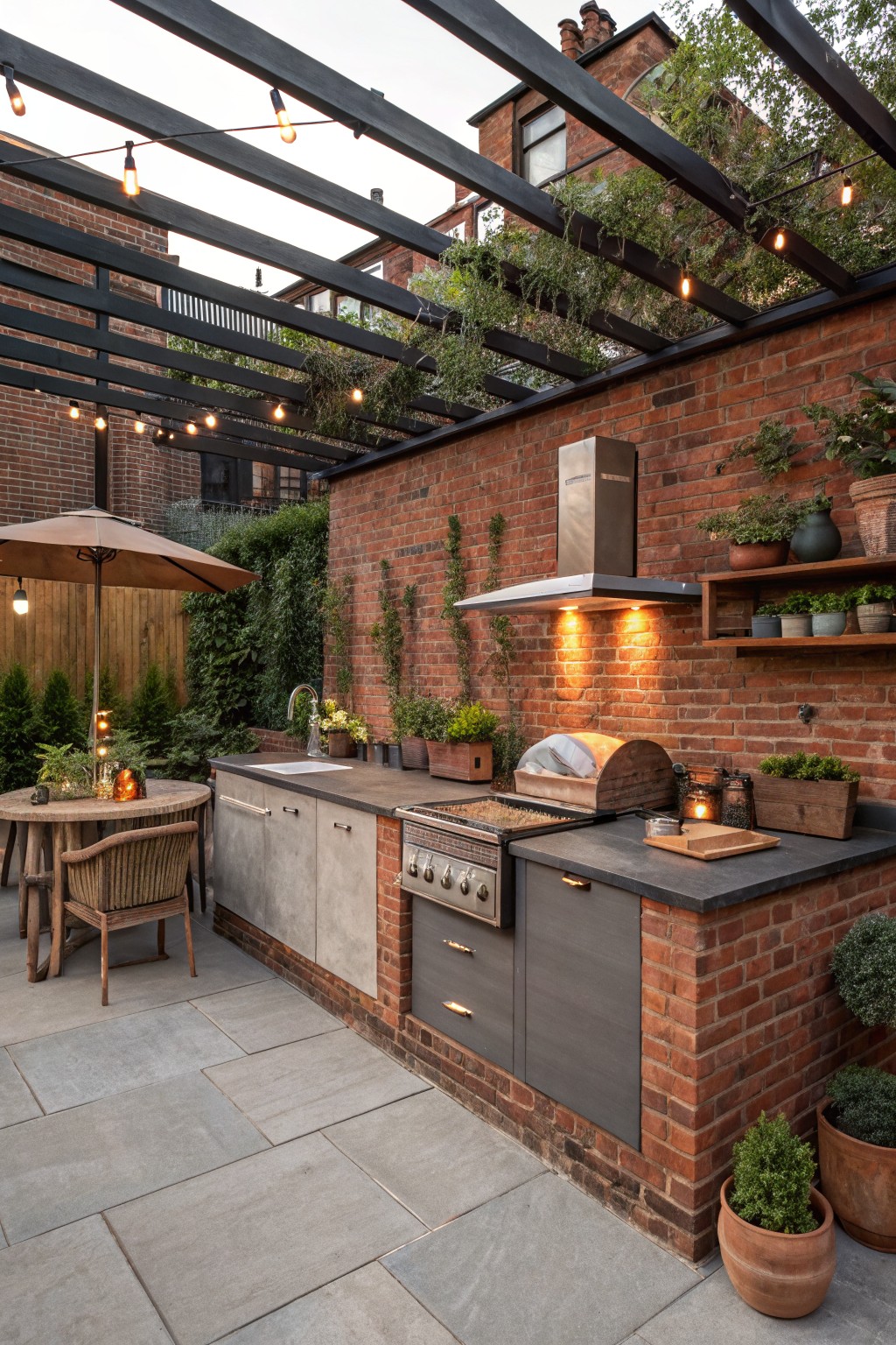 A paved courtyard patio featuring a gray outdoor kitchen with sink, drawers, gas grill, and stainless steel hood built against a red brick wall under a black pergola strung with lights, with wooden table, chairs, umbrella, and potted plants.