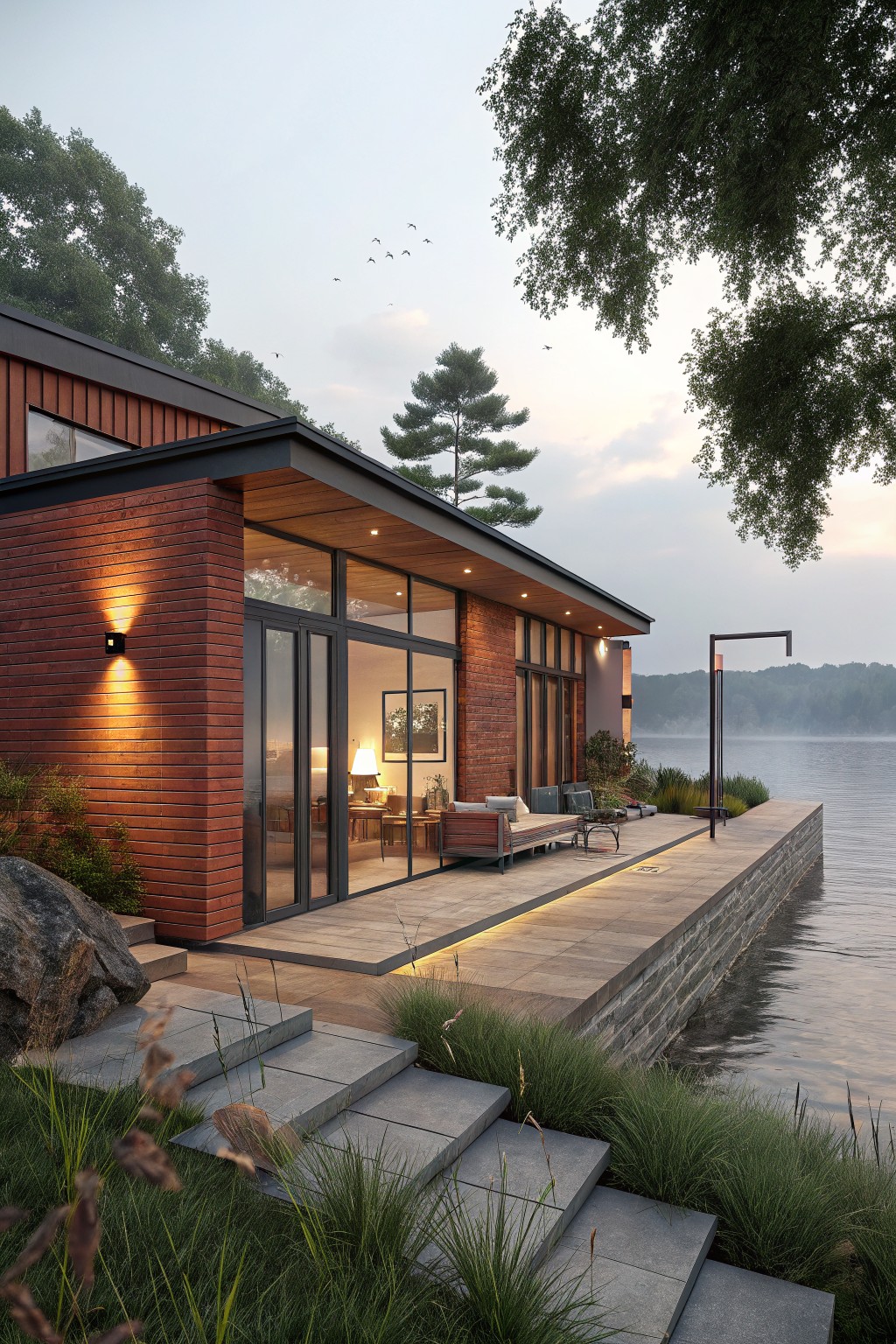 Red brick house exterior with dark wood cladding, large glass doors and windows opening to a gray stone deck and dock beside a lake, trees and grass in the foreground at dusk.