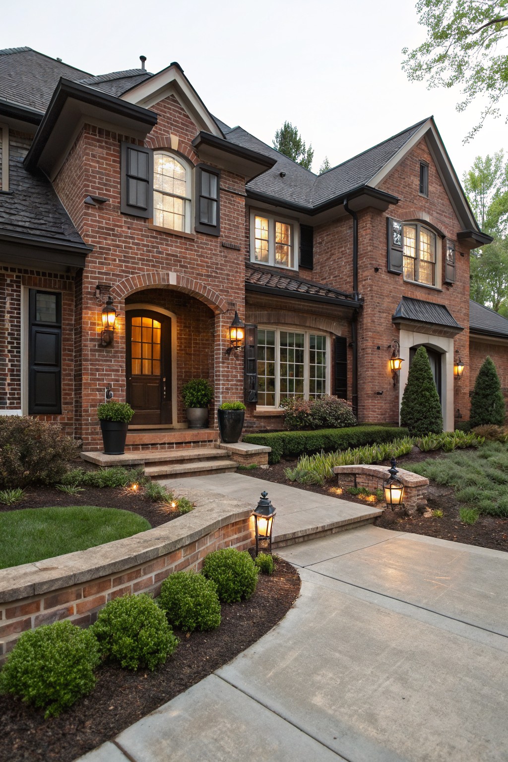 Red brick house exterior featuring an arched wooden front door lit by lanterns, with potted boxwoods on the steps, landscaped beds, low pathway lights, and a driveway.