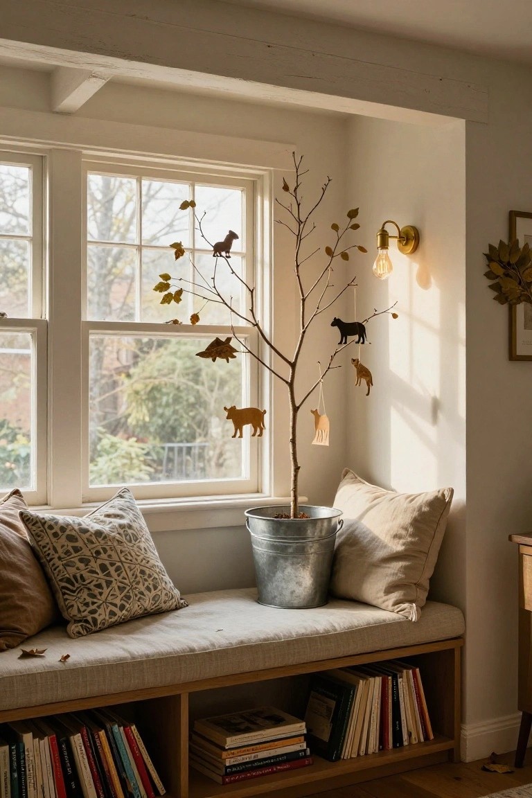 A bare branch tree in a galvanized bucket on a cushioned window bench decorated with hanging black metal animal silhouettes and wooden deer shapes near bookshelves and pillows in a light-filled room.