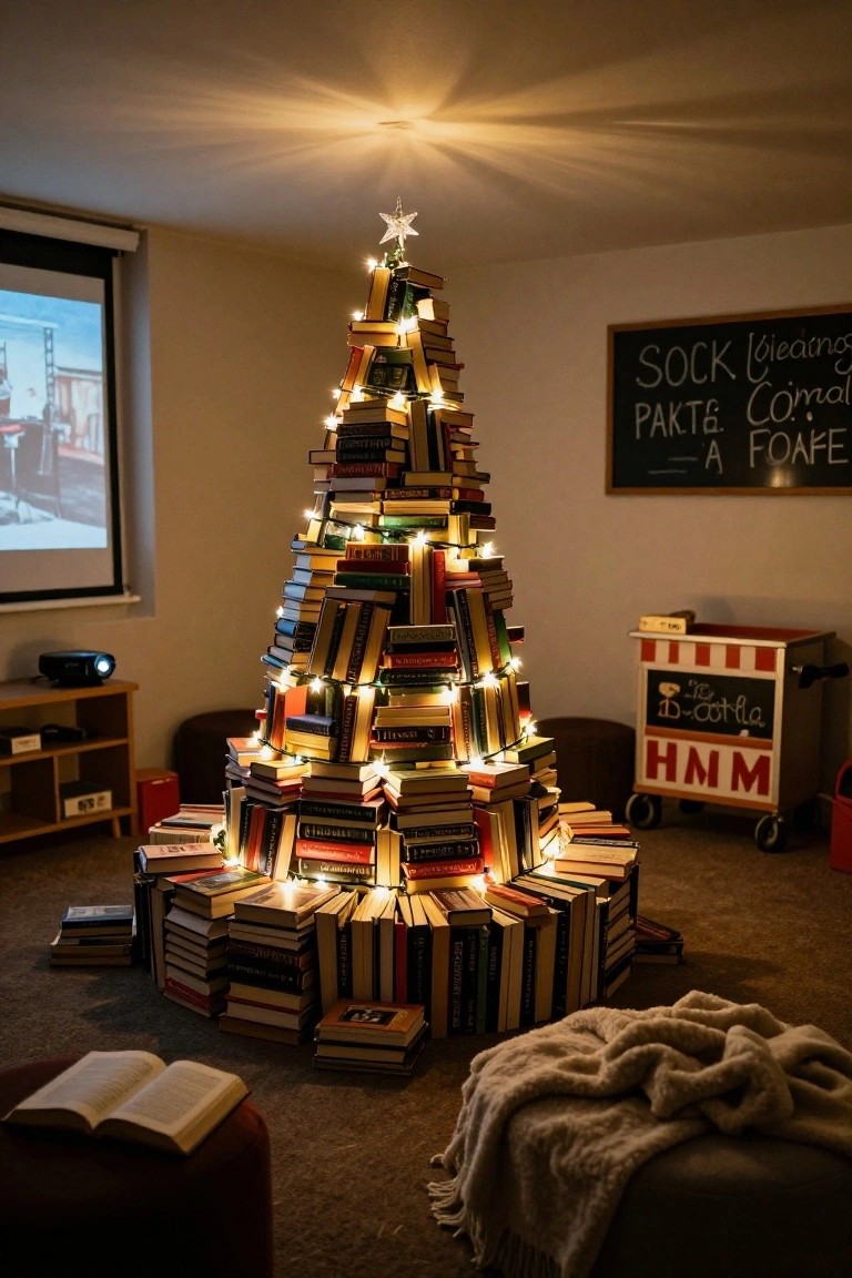 A Christmas tree made from stacked multicolored books with fairy lights and a star topper in a living room with a projector screen, seating, and holiday props nearby.