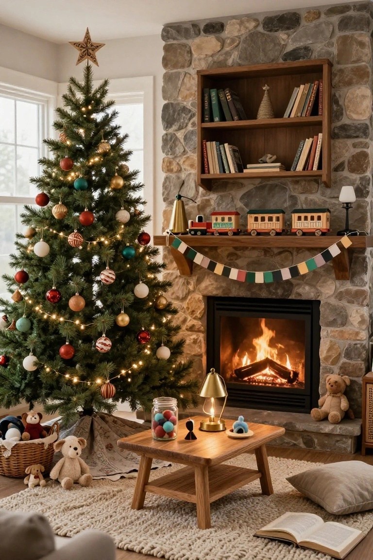 Living room corner featuring a lit Christmas tree decorated with colorful ornaments next to a stone fireplace with burning fire, wooden toy train on the mantel, stuffed animals and toys on the floor and wooden table, bookshelves and garland banner nearby.