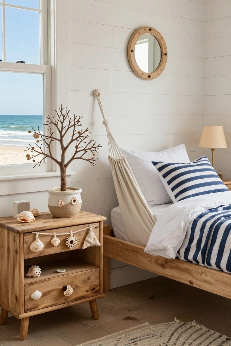 Coastal kids bedroom with white shiplap walls, hammock bed with navy striped bedding, wooden nightstand decorated with shells and garland, potted driftwood branch tree with orange balls, and large window overlooking ocean.