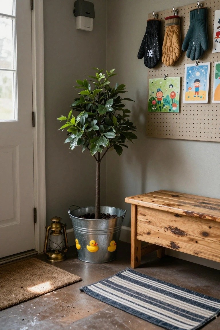 Indoor entryway corner with a small potted ficus tree in a galvanized metal bucket decorated with yellow rubber ducks, next to a wooden bench, pegboard wall holding gloves and children's artwork, a metal lantern, and two rugs on the floor.
