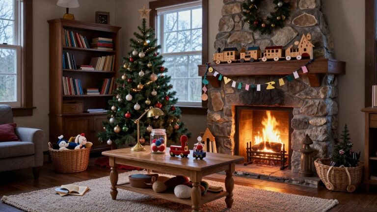 Living room corner featuring a lit Christmas tree decorated with colorful ornaments next to a stone fireplace with burning fire, wooden toy train on the mantel, stuffed animals and toys on the floor and wooden table, bookshelves and garland banner nearby.