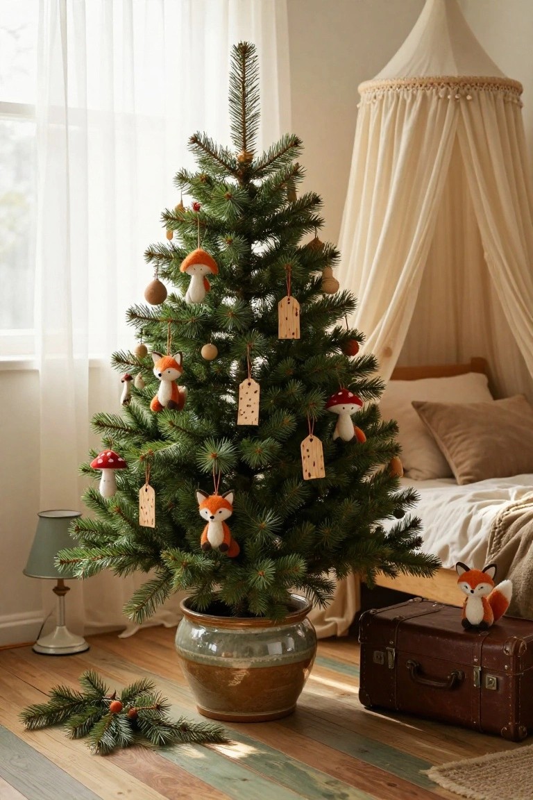 Small potted Christmas tree decorated with orange felt fox plush toys, red mushroom ornaments, and wooden tags in a beige child's bedroom with canopy bed, pillows, lamp, and brown suitcase on wooden floor.