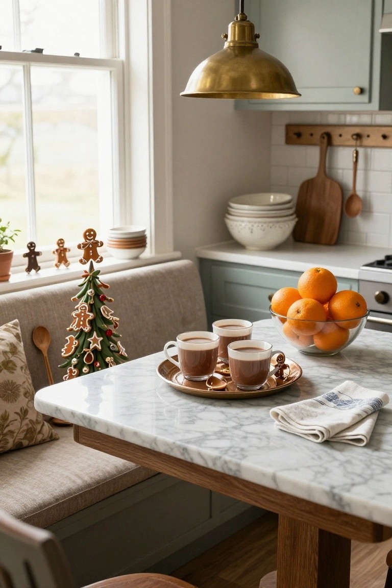 Cozy kitchen nook with marble table holding a small Christmas tree made of gingerbread cookies, cups of hot chocolate on a tray, a bowl of oranges, and gingerbread figures near a window.