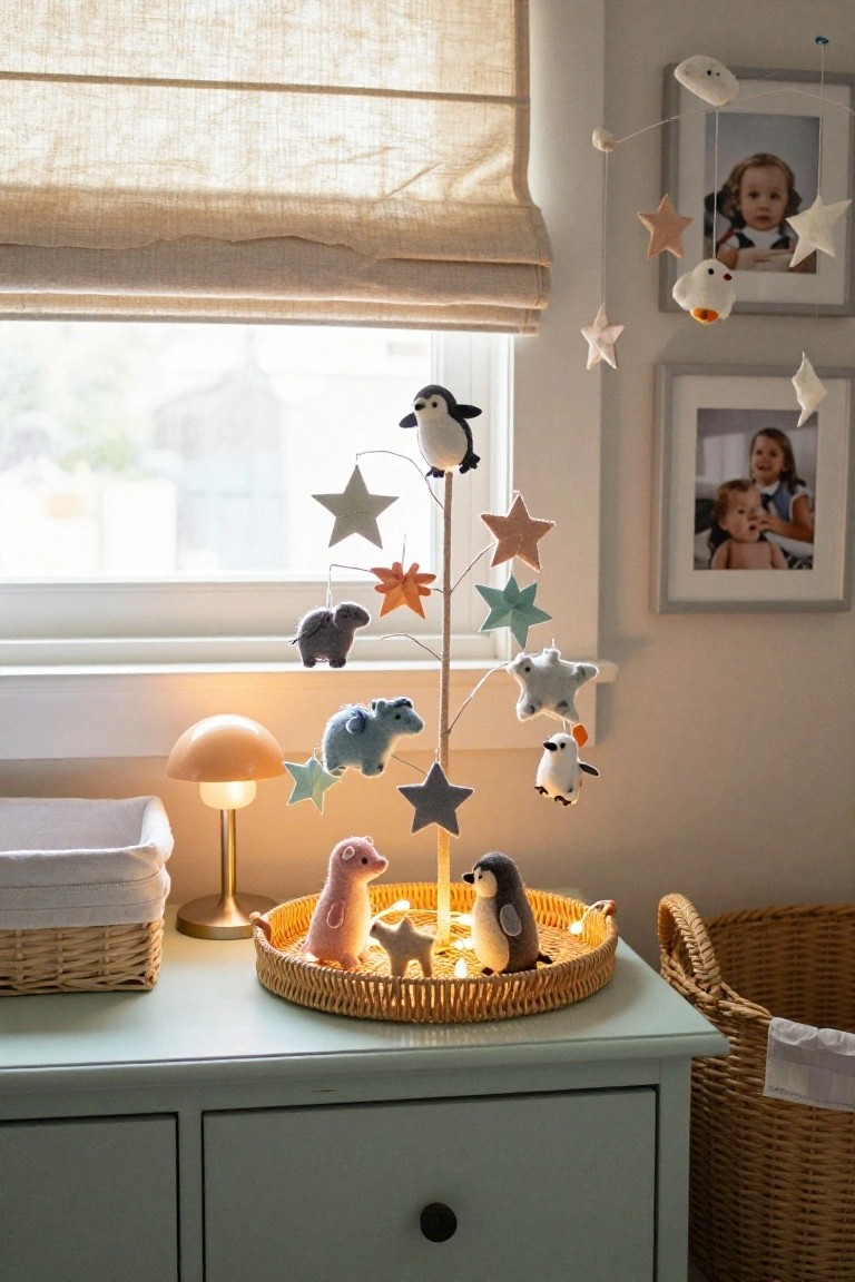 Mint green nursery dresser with rattan tray holding branch decorated by hanging felt animals including penguins, hippos, sheep, and stars, next to lamp, baskets, and window with linen blinds.