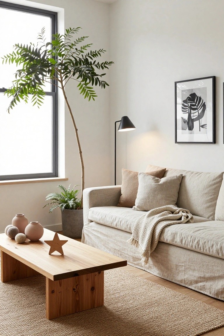 Bright minimalist living room featuring a low natural wood coffee table with terracotta pots, white wool balls, and a wooden star, in front of a beige linen sofa with pillows and throw, next to potted plants, a black floor lamp, and a window.