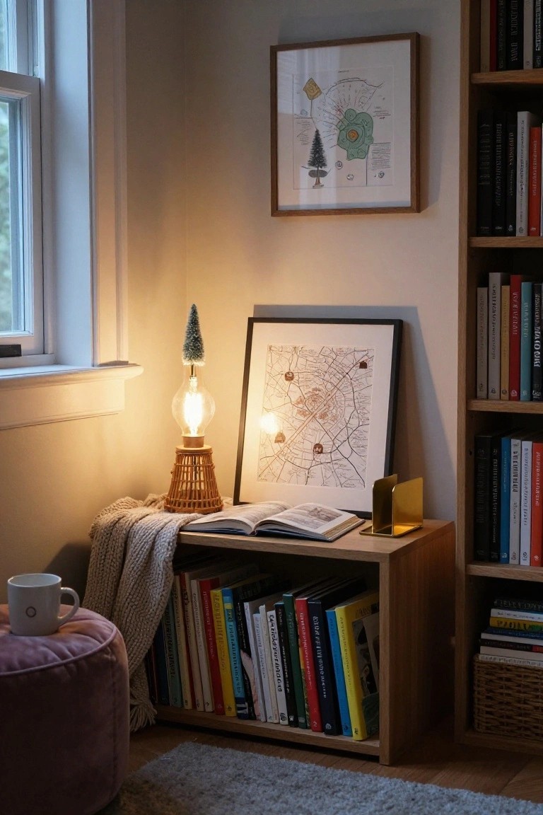 Cozy indoor corner with wooden bookshelves stocked with colorful books, a lamp with blue Christmas tree top on wicker base illuminating an open book on a low shelf, white mug, knitted throw, pink pouf chair, gold bookend, and framed art on beige walls.
