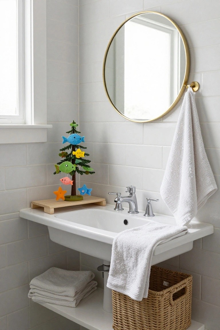A small Christmas tree decorated with multicolored felt fish and star ornaments on a wooden base sits on a white bathroom vanity next to the sink, with stacked white towels below, a wicker basket, and a gold round mirror above.