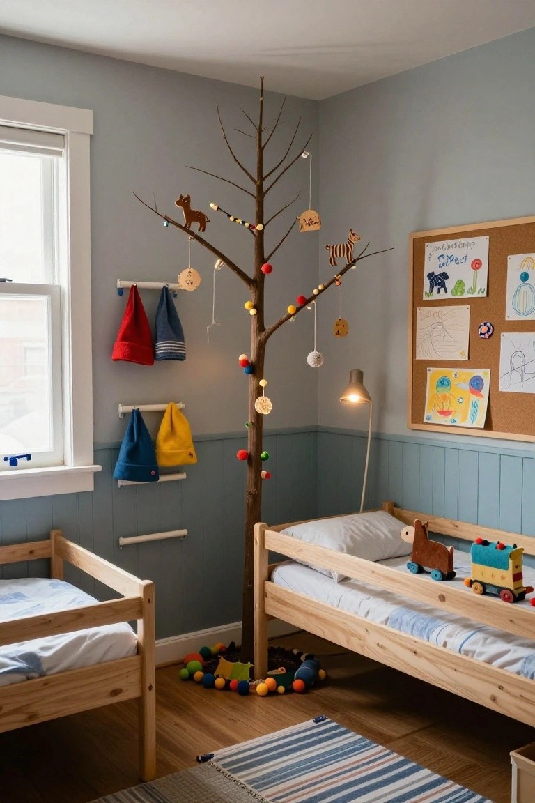 Light blue kids' bedroom with two wooden bunk beds, a tall freestanding branch tree decorated with pom poms, string lights, felt animals, and ornaments, hanging hats on wall racks, and a corkboard with children's drawings.