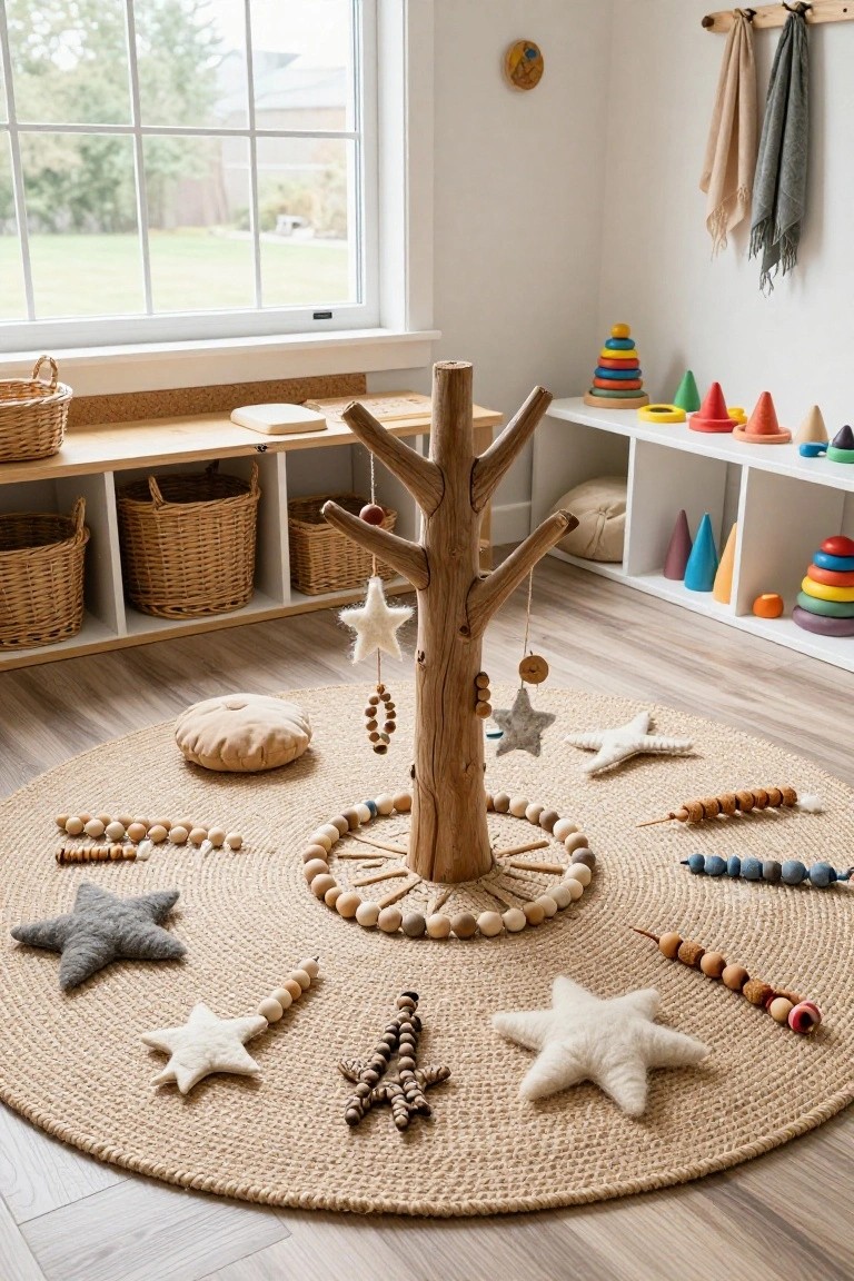 Cozy indoor playroom with central freestanding driftwood tree hung with wool stars, beads, and rings, surrounded by beige jute rug scattered with wooden toys, plus wall shelves of baskets and colorful stacking blocks near a large window.