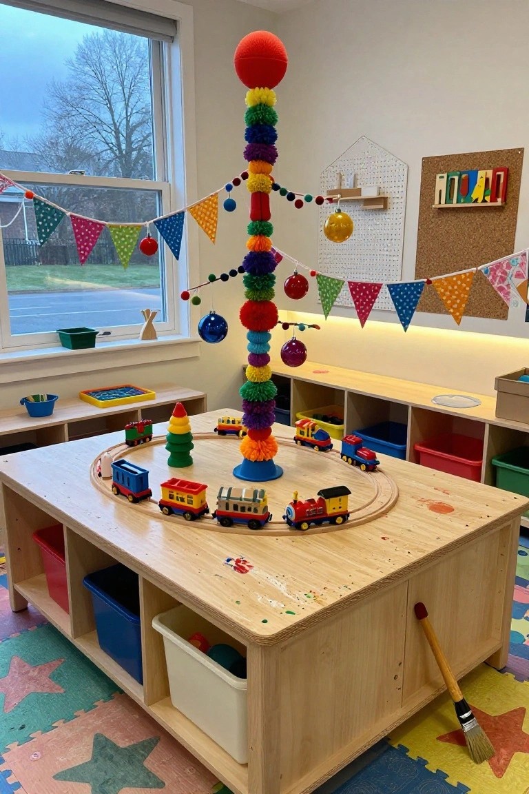 Colorful stacked pom-poms form a tall Christmas tree-like tower next to a wooden train table with toy trains on tracks in a bright playroom with shelves and foam floor mats.