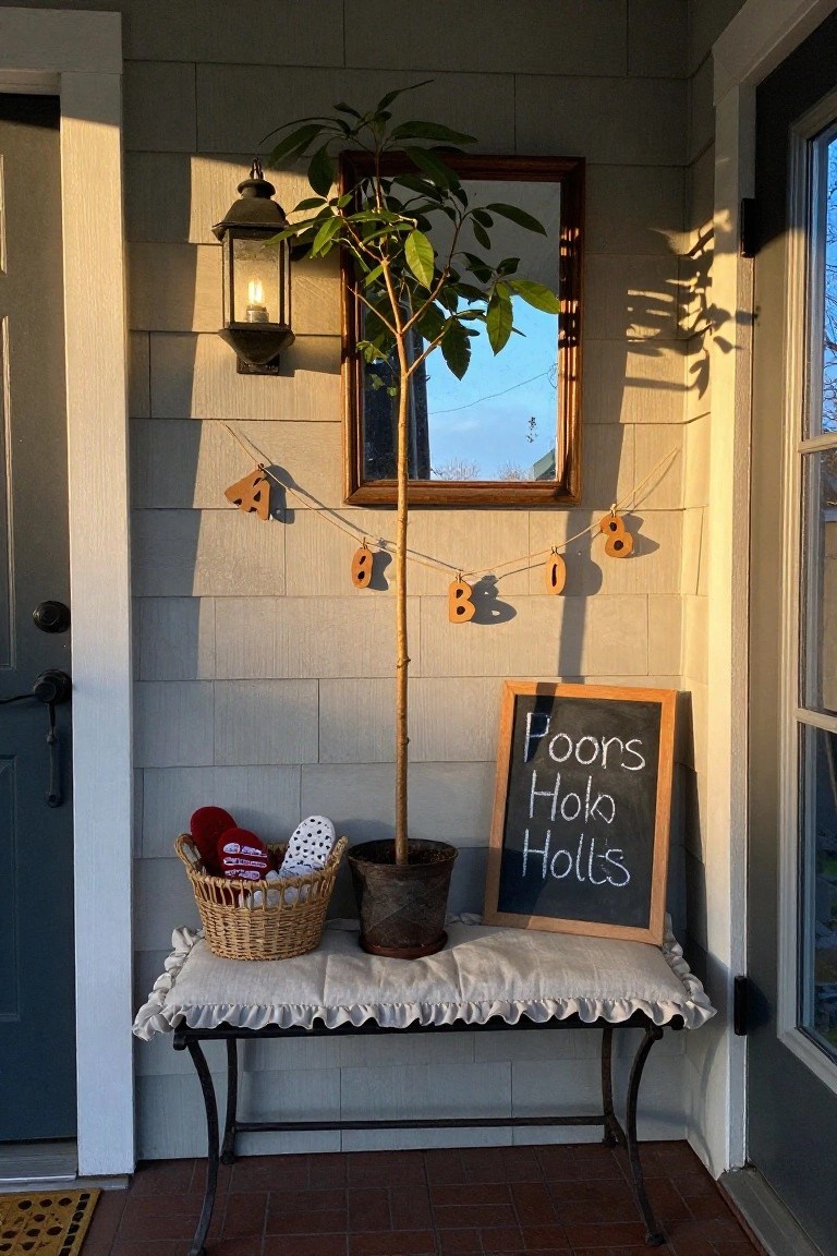 Porch corner featuring a potted ficus tree, cushioned bench, wicker basket with red stockings and white plush toys, wooden letter garland, oval mirror, chalkboard sign reading 