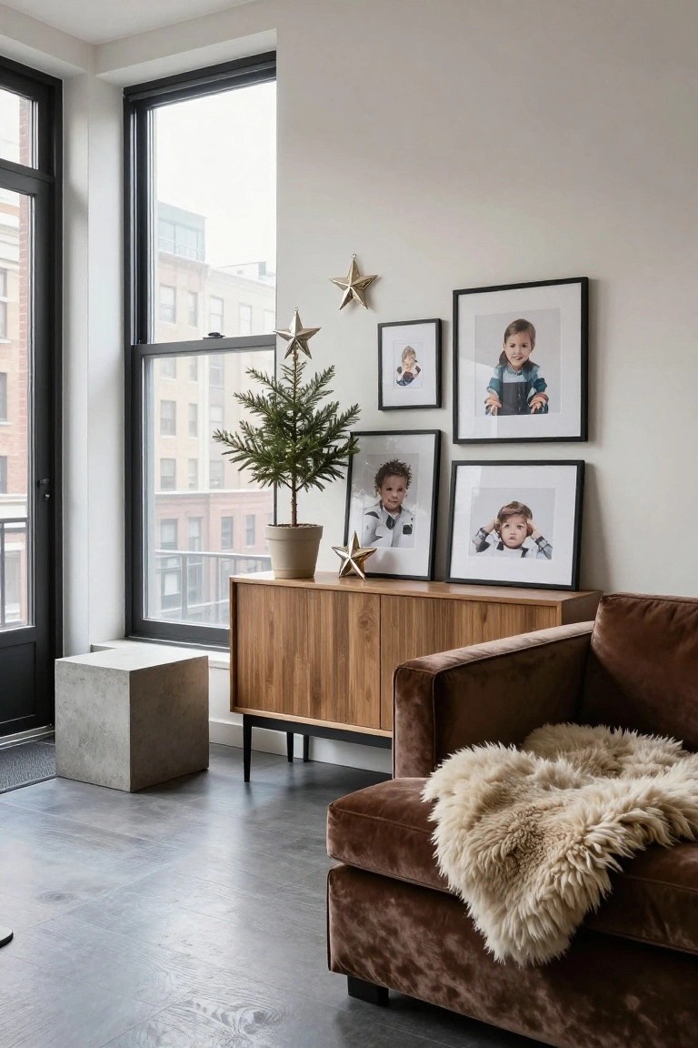 Modern living room corner with large windows, small potted Christmas tree next to wooden credenza, gold star wall decorations, four black-framed photos of children, brown velvet armchair with sheepskin throw, and concrete cube stool.