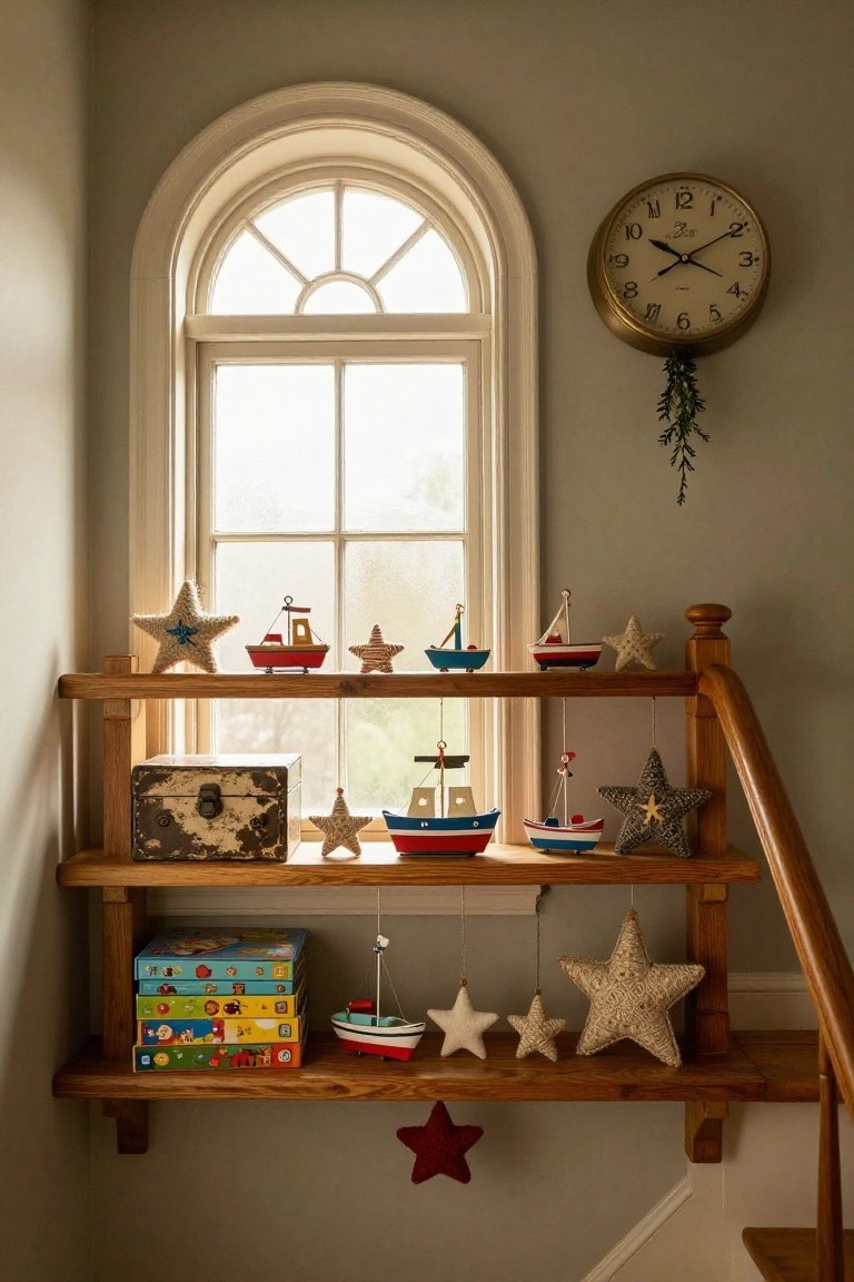 Corner wooden shelves next to a staircase displaying small toy boats, knitted and fabric star ornaments, a wooden box, colorful stacked books, and hanging stars, beside an arched window and wall clock with greenery.
