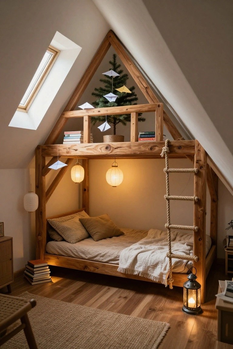 Wooden loft bed designed like a treehouse in a light-colored attic room, featuring a small Christmas tree on a shelf, hanging paper decorations, paper lanterns, rope ladder, and books stacked nearby.