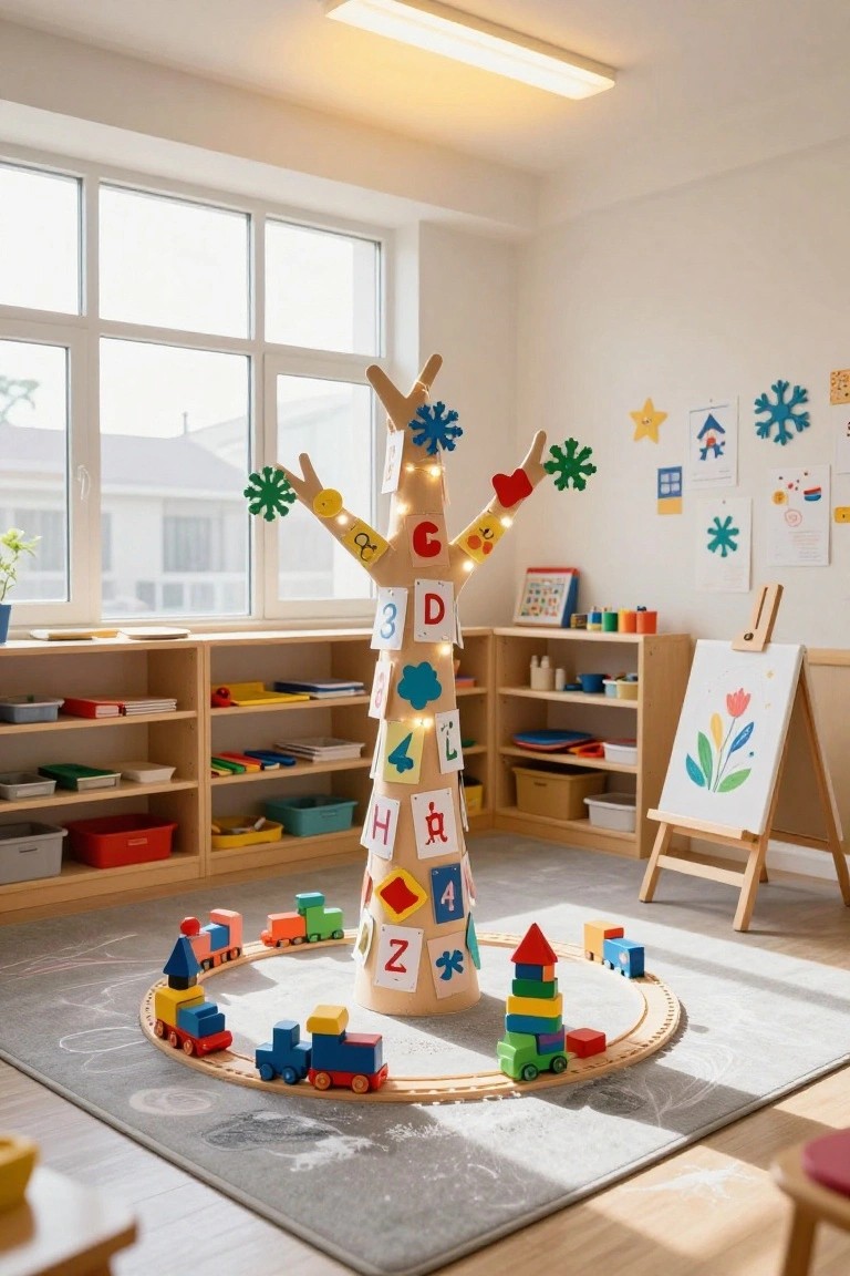 Wooden tree structure with letters A through Z, numbers, shapes, and lights stands in the center of a children's classroom surrounded by a toy train track on the floor, shelves of supplies, and an easel.