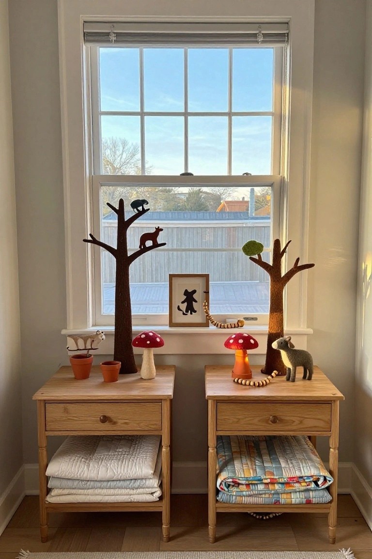 Two matching wooden nightstands beside a large window, each topped with a tree-shaped stand holding animal figures, mushrooms, and potted plants, with folded quilts stored below.