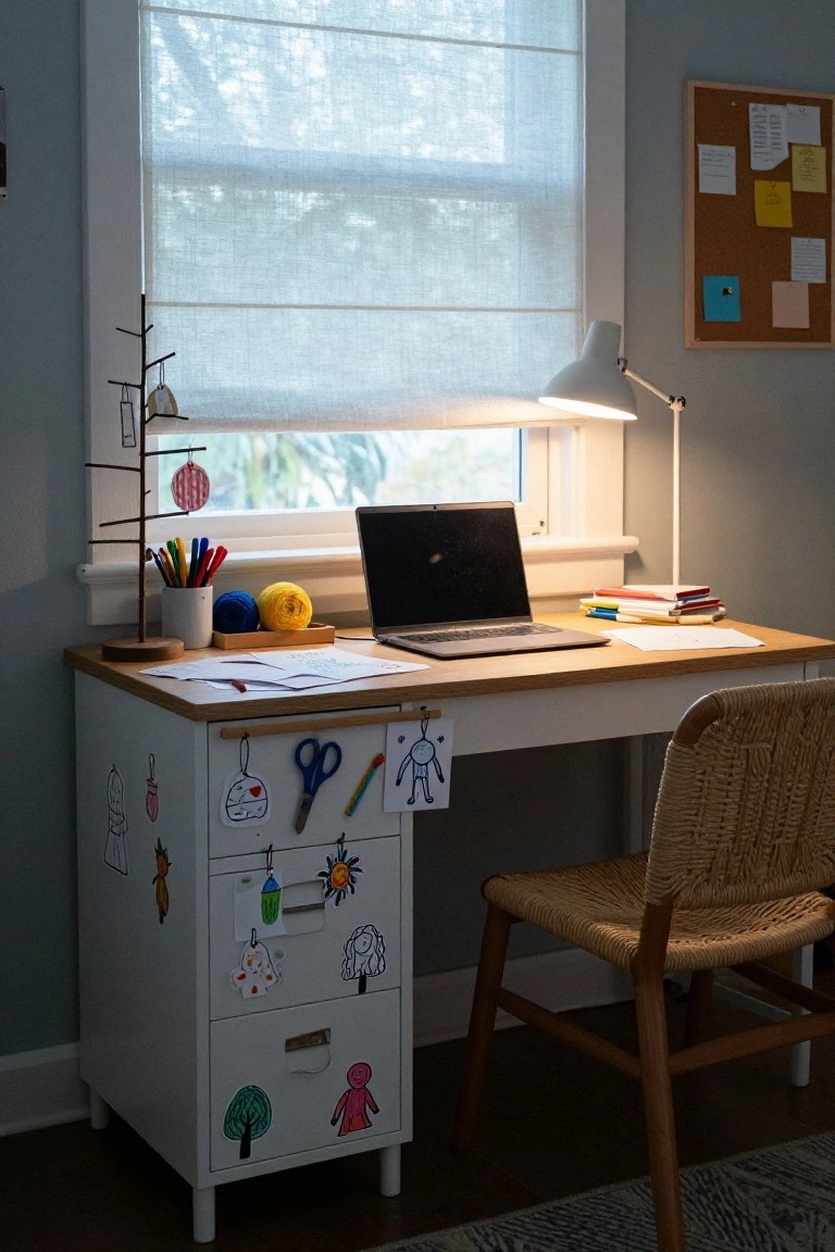 A white desk with wooden top in a kids room, holding a small branch tree stand with hanging ornaments, colored pencils, yarn balls, a laptop, papers, and books, plus child-drawn figures on the drawer fronts, a rattan chair beside it, desk lamp, and window with sheer blinds.
