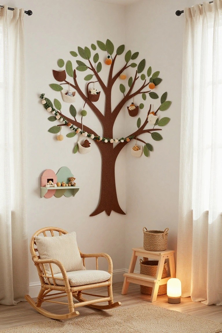 Corner of a light-colored nursery with a large brown felt tree wall hanging decorated with green leaves, orange fruits, fabric birds, nests, eggs, and garlands, beside a curved pink and green shelf holding wooden toys and animals, a beige rattan rocking chair, woven baskets on a wooden stool, and a white lamp on light wood flooring with a seagrass rug.