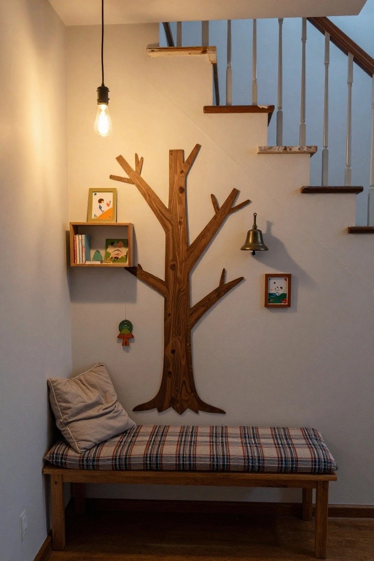 Indoor stairwell corner with large wooden tree-shaped wall sculpture holding shelves of children's books and toys, hanging brass bell, small framed artwork, toy figures, and a wooden bench with plaid cushion and beige pillow below.