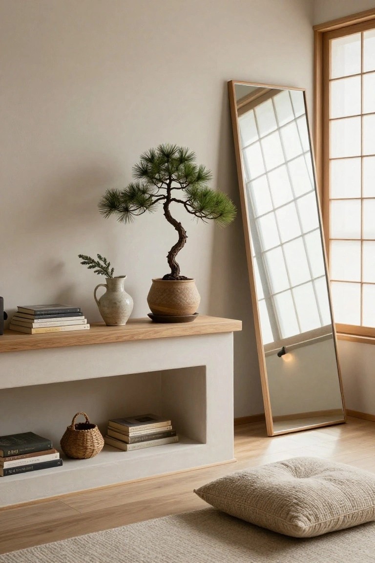Minimalist indoor corner with low wooden console holding stacked books, white jug vase with branches, tan pot with twisted bonsai pine tree, tall oak-framed floor mirror leaning against wall near shoji window, woven basket in shelf below, beige floor cushion on light wood floor.