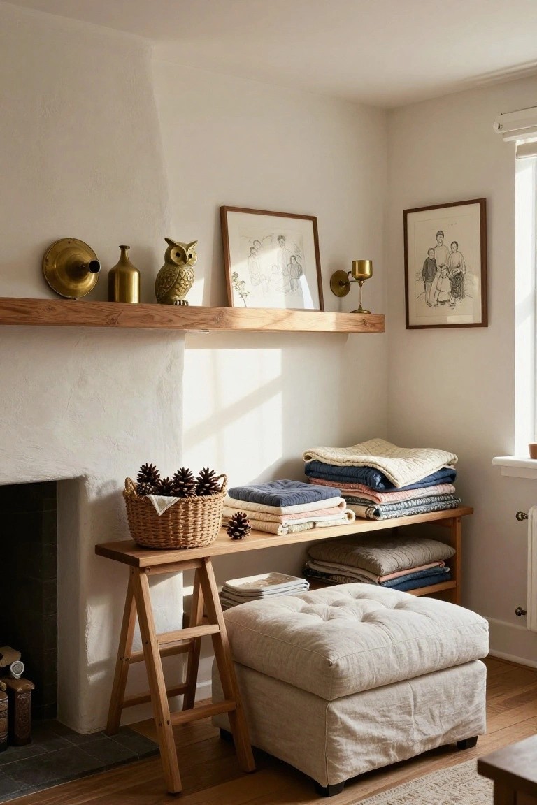 Whitewashed fireplace corner with wooden mantel shelf holding brass trumpet, gold vase, brass owl, two framed ink drawings, and brass candlestick; wooden bench below with stacked quilts and basket of pine cones, plus linen ottoman.