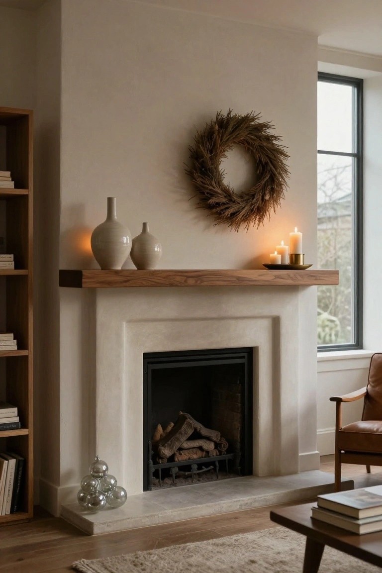 Living room interior with a plaster fireplace featuring an asymmetrical wooden mantel decorated with two ceramic vases, candles on a gold dish, a wheat wreath above, and clustered glass ornaments on the hearth, alongside bookshelves and neutral furniture.