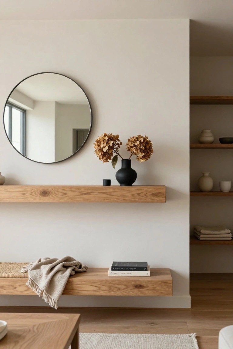 Beige interior wall with asymmetrical oak floating shelves displaying pottery, a black vase of dried hydrangeas, a round black-framed mirror, and a lower bench shelf with a beige throw blanket and stacked books, adjacent to built-in wooden shelving, low oak table, and wood floor.