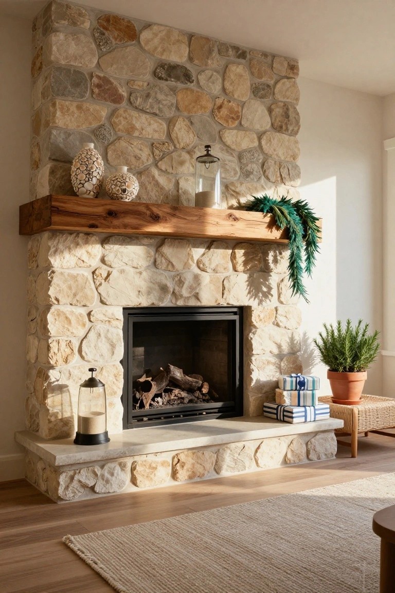 Stone fireplace with wooden mantel featuring asymmetrical teal greenery draped over one end, shell vases and glass lanterns centered, stacked wrapped gifts and potted rosemary on the hearth to one side, in a light wood-floored living room.