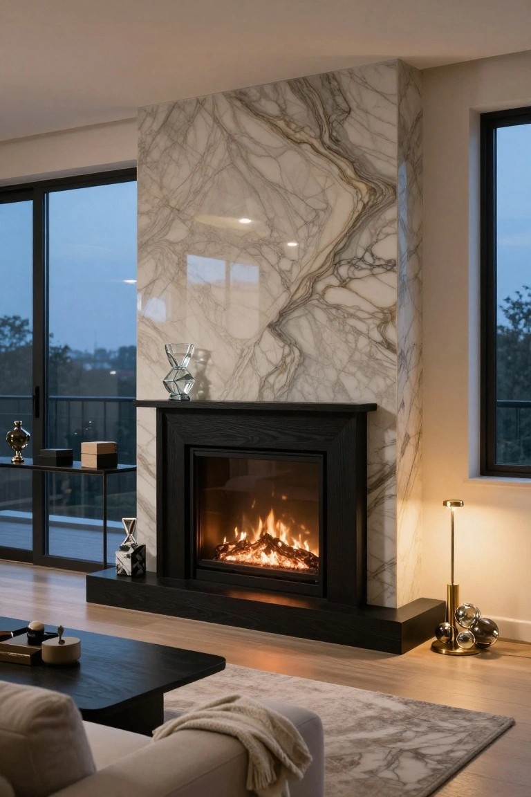 Modern living room with black wood gas fireplace on white and gold veined marble wall, asymmetrical decorative objects including glass vase and shelves with boxes on right side, low table and sofa in foreground, large windows showing evening outdoor view.