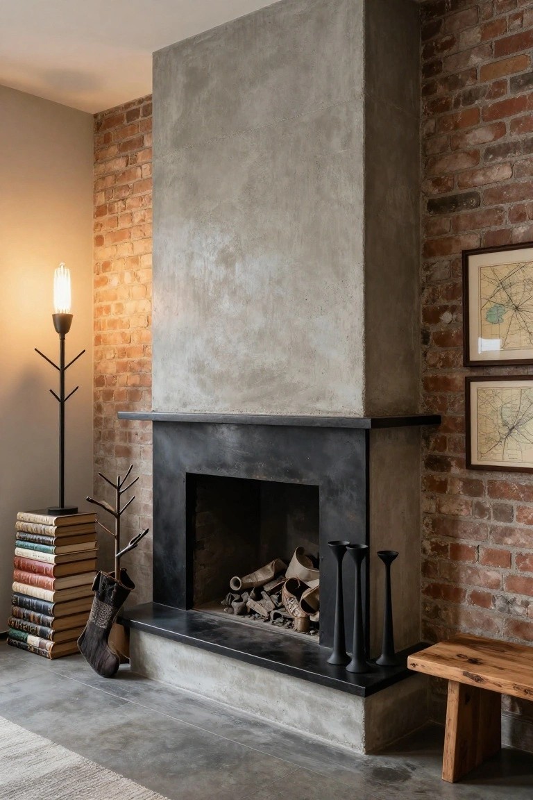 Modern living room corner with tall concrete fireplace on brick wall, asymmetrical Christmas mantel decor including stacked books, hanging stocking on branch, tall black candles, logs in hearth, tree-branch floor lamp, and wooden bench nearby.