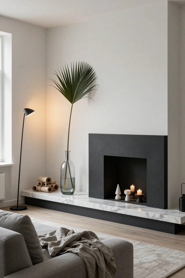 Modern interior with white walls, black fireplace on white marble mantel displaying asymmetrical decor of stacked wood logs and green glass vase on left, white cone-shaped ceramics and candles on right, tall palm plant, arc floor lamp, and gray sofa with throw nearby.