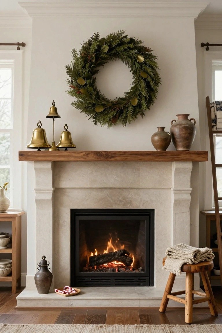 Stone fireplace mantel with asymmetrical Christmas decorations including a centered greenery wreath above, gold bells and ceramic vases on the left shelf, candy canes on a dish in front, and a wood stool draped with blankets on the right, flanked by side tables and pottery.
