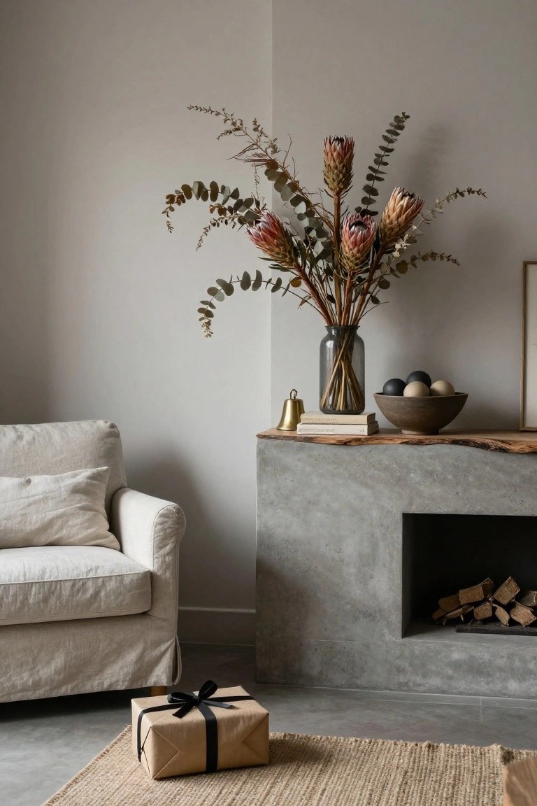 Modern interior with beige linen sofa beside concrete mantel holding asymmetrical arrangement of tall glass vase with dried pink protea flowers and eucalyptus, brown ceramic bowl with black and beige spheres, stacked books, brass bell, and wood slice edge, plus wrapped brown gift box on seagrass rug in front of fireplace.