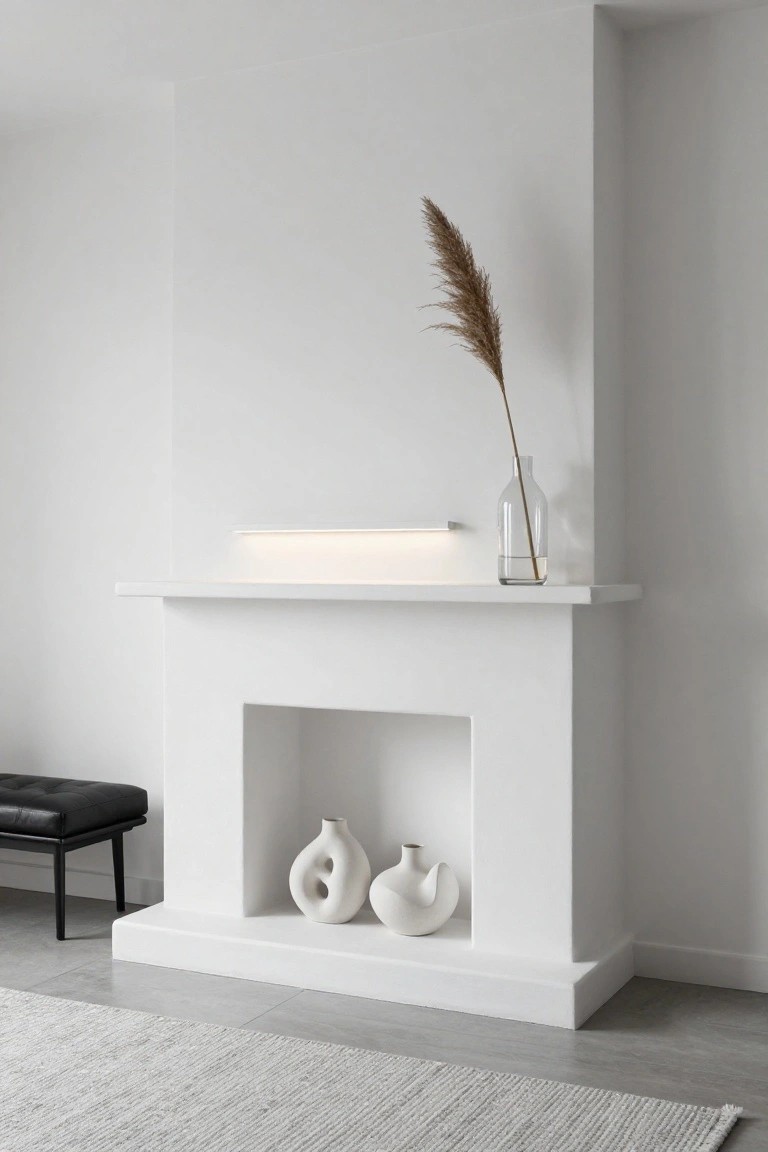 White minimalist fireplace mantel with a tall pampas grass stalk in a clear glass vase positioned to the right, two white abstract vases in the hearth, slim LED light bar on the mantel shelf, black bench to the left, and light gray rug on gray flooring.