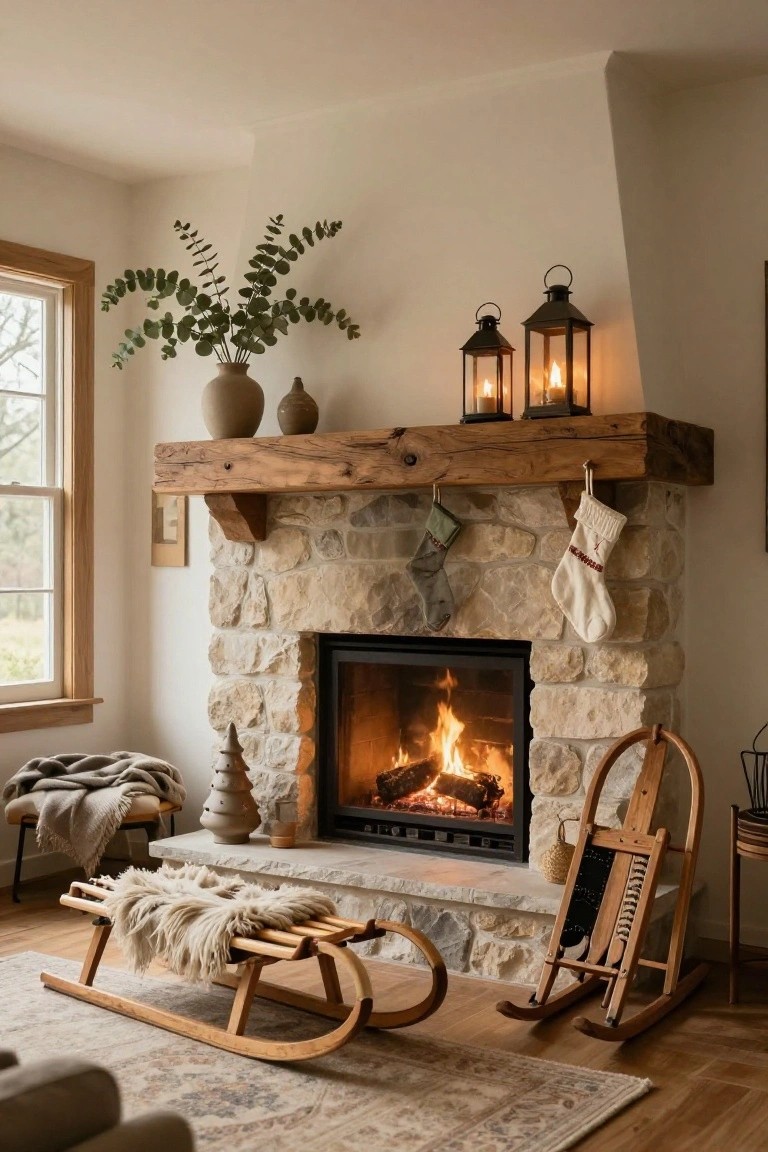 Living room with stone fireplace and wooden mantel decorated asymmetrically with two Christmas stockings, eucalyptus in vase, pottery, lanterns, small trees, and wooden sleds on the floor nearby.