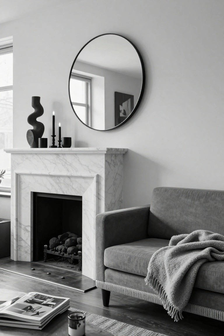 Black and white photo of a marble fireplace mantel holding a tall wavy black vase, black candles in holders, and a black mug, with a round black-framed mirror mounted above and a gray sofa positioned asymmetrically nearby.