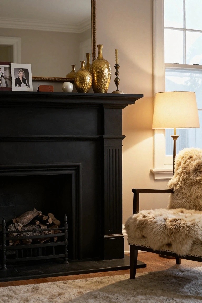 Black fireplace mantel topped with asymmetrical gold vases of varying heights and shapes, framed photos, a white orb, and small accessories under a tall gold-framed mirror, with a nearby lamp and shaggy armchair in a light room.