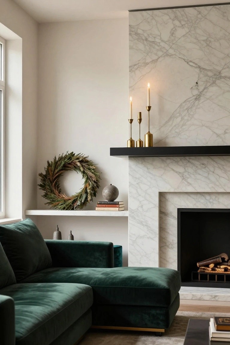 Modern interior corner showing emerald green velvet L-shaped sofa, white marble fireplace with black mantel shelf holding three gold candlesticks, floating shelf below with green wreath, books, stone orb, and vases, plus lit fire and wood stack in hearth.