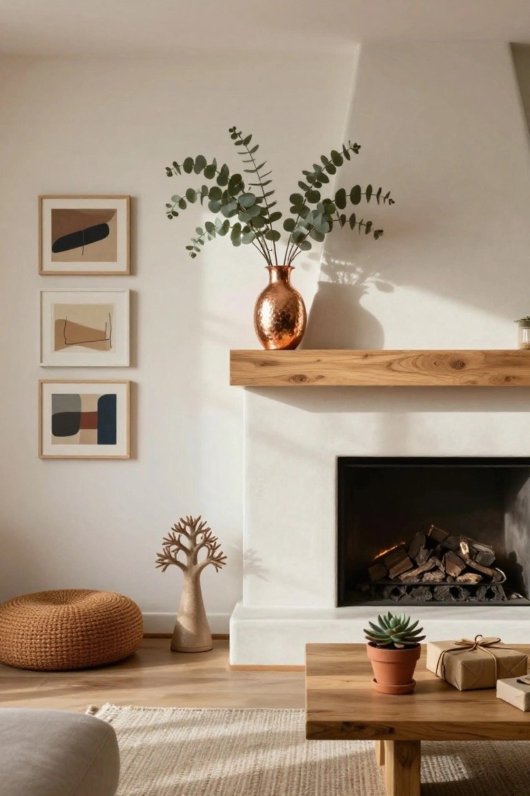Modern living room interior featuring a white fireplace with oak mantle, copper vase of eucalyptus branches positioned asymmetrically, three abstract framed prints on the wall, ceramic tree sculpture, orange woven pouf, wooden coffee table with potted succulent and wrapped gifts on light wood floors.