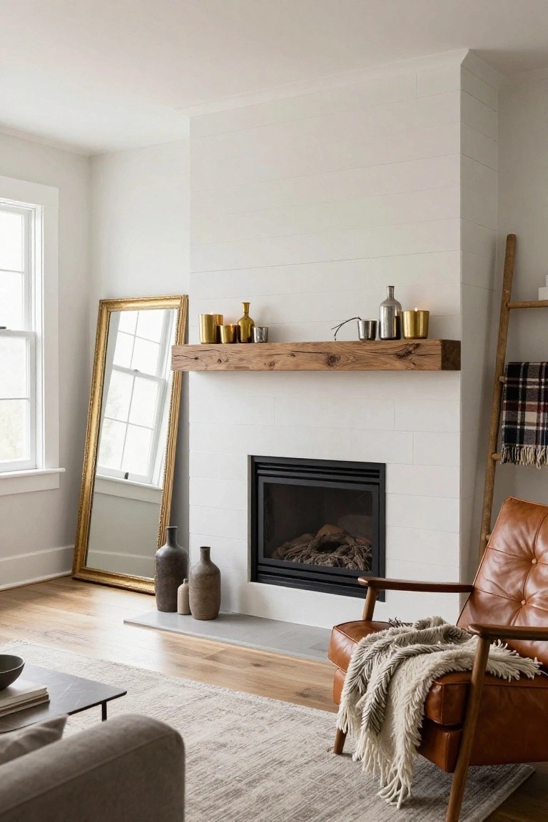Modern living room interior featuring a white shiplap fireplace with reclaimed wood mantel holding gold cups, vases, and a branch clustered asymmetrically, flanked by a full-length gold mirror on one side and an orange leather armchair with throw on the other.